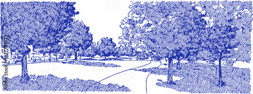 A blue and white drawing of a street with trees and a bench. The trees are in the foreground and background. vector illustration