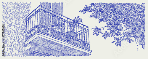 A blue and white drawing of a balcony with a tree in the background. The balcony is on the side of a building. vector illustration
