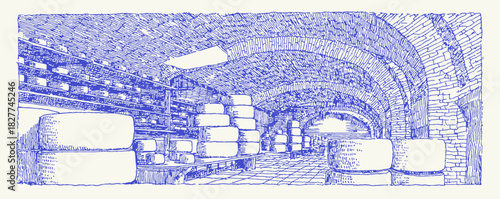 A blue and white drawing of a room with a lot of hay. There are several stacks of hay in the room. vector illustration