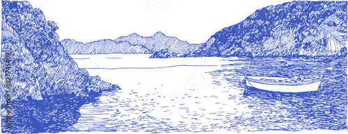 A blue and white drawing of a lake with a boat in it. The boat is small and is in the middle of the lake. vector illustration
