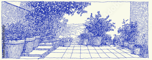 A blue and white drawing of a garden with a patio. There are several potted plants and a bench. vector illustration