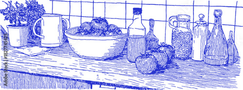 A blue and white drawing of a kitchen counter with a bowl, a cup, a bottle, and a spoon. vector illustration