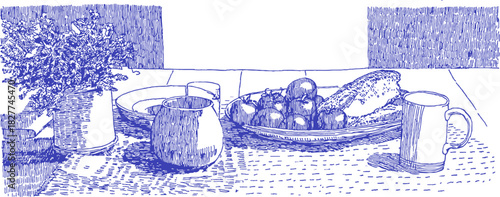 A blue and white drawing of a table with a plate of food and a cup. The plate has a few pieces of food on it. vector illustration