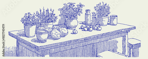 A table with a blue background and a drawing of a table with a vase of flowers and a bowl of fruit. vector illustration
