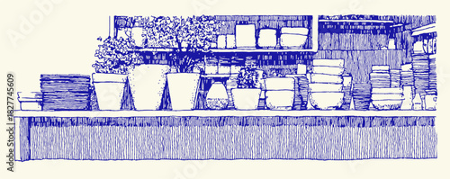 A shelf with many different types of vases and bowls. Some of the vases are tall and some are short. vector illustration