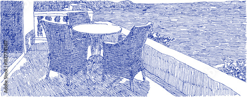 A blue and white drawing of a table with two chairs and a bench. The table is in front of a wall and a railing. vector illustration