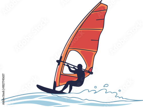 Silhouette of Windsurfer Riding Ocean Waves with Large Orange Sail
