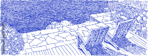 A blue and white drawing of a beach with two chairs. The chairs are on a stone wall. vector illustration