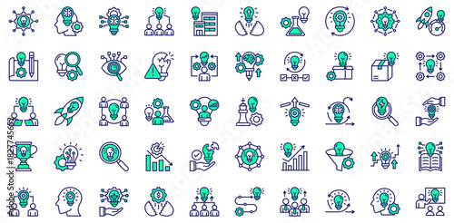 Innovation Hub icons collection. Vector illustration. Innovation Hub, Lightbulb Idea, Creative Thinking, Innovation Center. Pro Vector