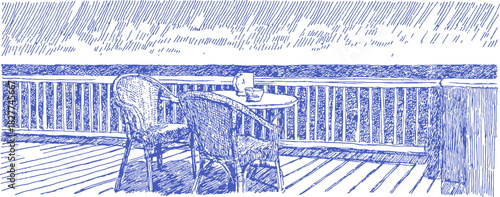 A blue and white drawing of a chair and table on a deck. The chair is empty and the table has a book on it. vector illustration
