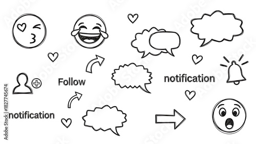 Set of hand drawn social media icon, emoji, speech bubble, and notification element sketch isolated on white background