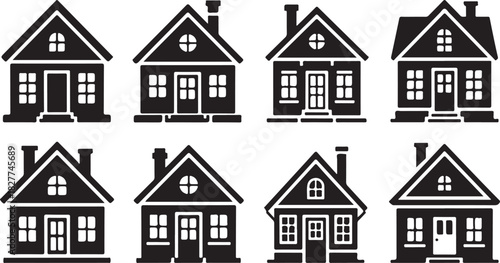 Eight simple black silhouette icons of houses with pitched roofs and windows on a white background
