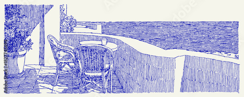 A blue and white image of a beach with a boat and a bench. The boat is in the foreground and the bench is in the background. vector illustration
