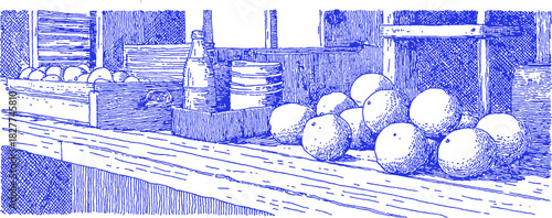 A blue and white drawing of a table with a bunch of oranges on it. There are also some apples and a bottle on the table. vector illustration