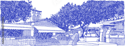 A blue and white drawing of a town square with a church and a market. There are several people walking around and a few benches. vector illustration