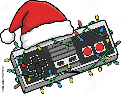Retro Game Controller with Santa Hat and Festive Holiday Lights