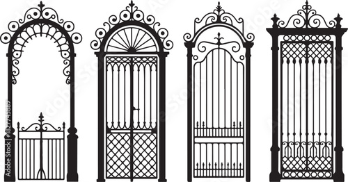 Elaborate Wrought Iron Gates and Archways Silhouette Set on White Background metal fence