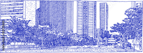 A blue and white drawing of a city street with trees and buildings. The street is empty and there are no people or vehicles. vector illustration