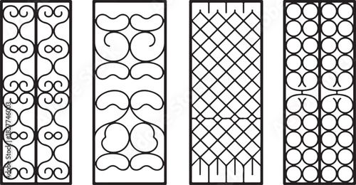 Four Black Decorative Metal Grille Panels with Scrollwork and Geometric Patterns Keywords: grille, panel, metal, decorative, ornate