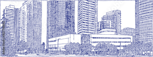 A blue and white drawing of a cityscape with a large building in the middle. The drawing is of a city with tall buildings. vector illustration