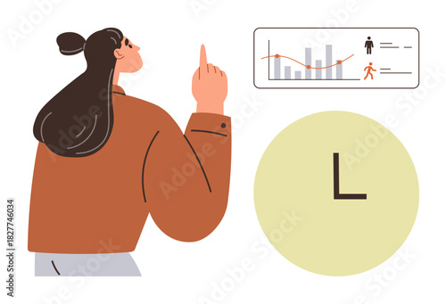 Bild auf Leinwand Woman gesturing toward a visual analysis of progress bars and charts next to a clock graphic