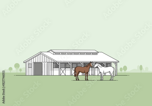 A charming hand drawn illustration of two horses by a stable.