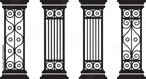 Four Black Ornate Columns with Decorative Panels Featuring Circles and Swirls pillar architectural