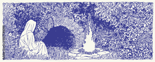 A woman is sitting in the grass next to a fire. A man is sitting in the background. vector illustration