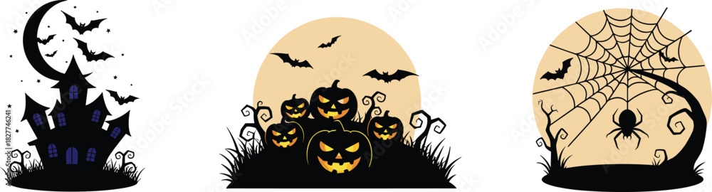 Obraz premium hanging spider, twisted tree, bats, full moon, festive spooky vector art in black silhouette style