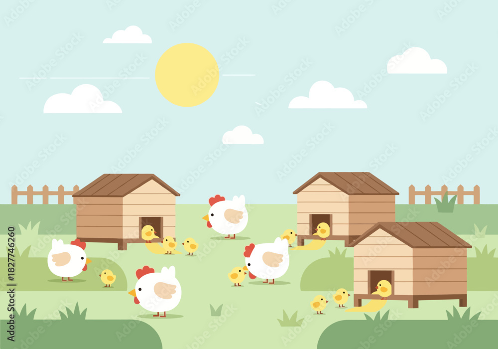 Fototapeta premium Cute cartoon chickens and chicks on a farm with wooden coops.