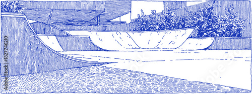 A blue and white drawing of a skate park. The drawing is of a skate park with a ramp and a bowl. vector illustration