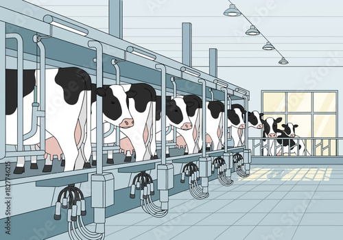 Dairy cows in a modern milking parlor with automated equipment.