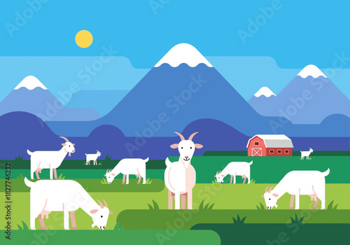Goats Grazing in a Mountain Pasture Illustration.