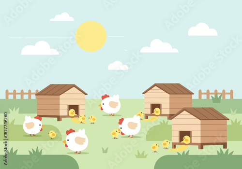 Cute cartoon chickens and chicks on a farm with wooden coops.