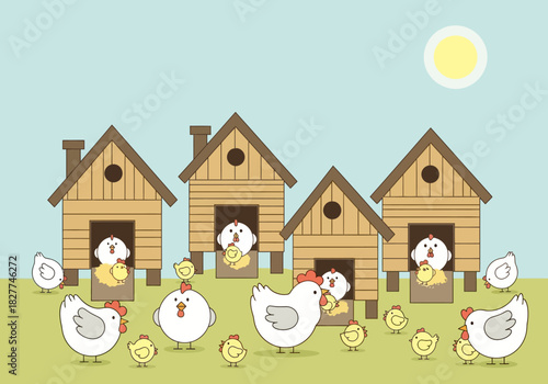 Adorable cartoon chickens and chicks living in a village of wooden coops.