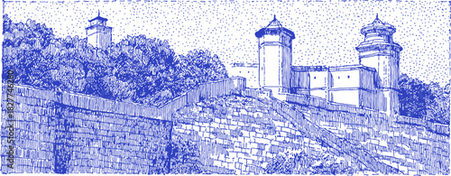 A blue and white drawing of a city with a castle in the background. The castle is surrounded by a wall. vector illustration
