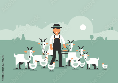 Happy female farmer with goats and chickens on a farm.