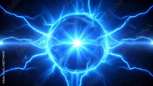 Vibrant Energetic Blue Plasma Sphere with Electric Lightning and Power