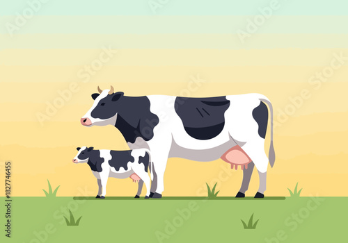 A mother cow and her calf standing together in a field.