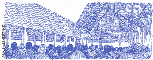A blue drawing of a large crowd of people. The drawing is very detailed and shows the people in the crowd. vector illustration