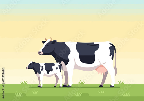 A mother Holstein cow and her young calf standing side by side in a field.