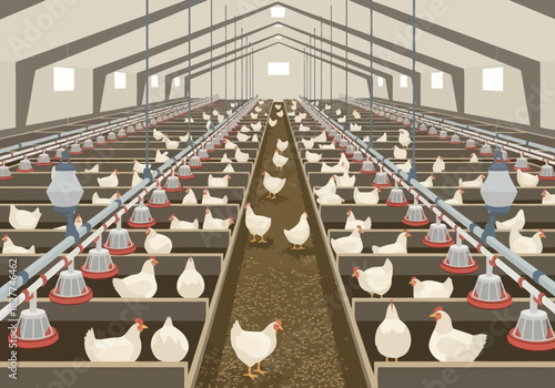 Indoor Poultry Farm with Rows of Chickens and Feeding Systems.