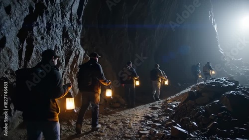 Exploring the Depths: A Journey into a Dark Cave with Lanterns leading the way, cinematic