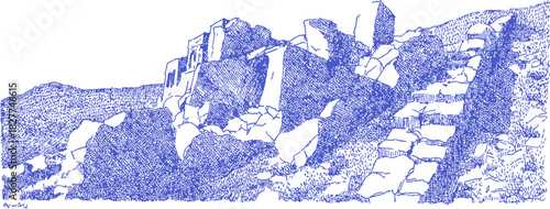 A blue and white drawing of a mountain with a path leading up to it. The drawing is in black and white and has a lot of detail. vector illustration