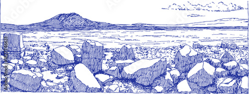 A blue and white drawing of a rocky beach. The rocks are scattered across the beach, and the water is in the background. vector illustration