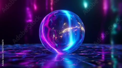 Futuristic Glowing Orb on Reflective Surface with Neon Lights for Tech Design