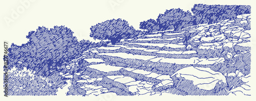 A blue and white drawing of a hillside with a path. The hillside is covered in rocks and the path is made of stone. vector illustration
