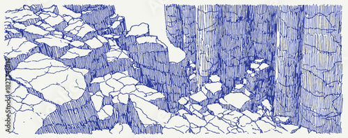 A blue and white drawing of rocks and a cliff. The rocks are jagged and the cliff is steep. vector illustration