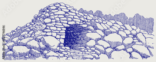 A blue drawing of a cave with a door. The cave is made of rocks. The drawing is in black and white. vector illustration