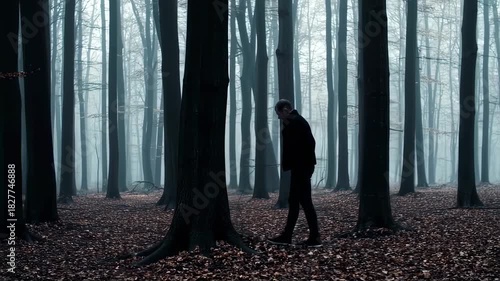 Eerie forest scene featuring a lone figure walking through a dense and mysterious woodland path